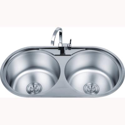 China 2 Round Basin Shining Stainless Steel Double Bowl Sink 860*440mm for sale