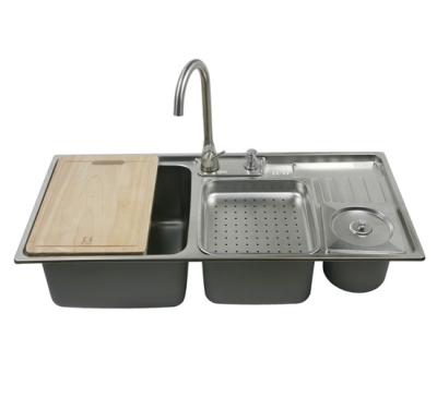 China 0.9mm Drop In Stainless Steel Double Bowl Sink With Knife Shelf Rubbish Bin for sale