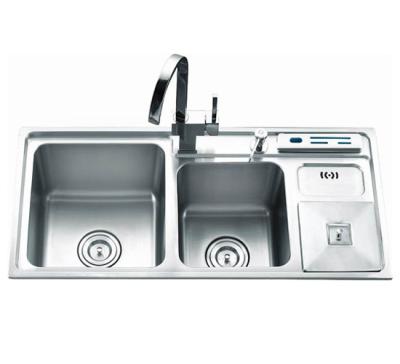 China 23cm Stainless Steel Double Bowl Topmount Kitchen Sink With Trash Can for sale