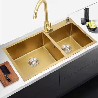 China Double Basin Satin Finish Matte Gold Kitchen Sink Depth 220mm for sale