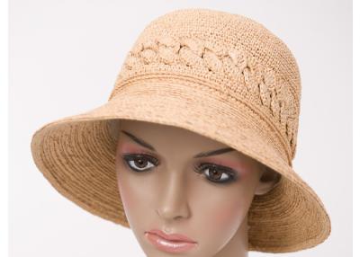 China Fashionable Beige Raffia Sun Hats , 6.5cm Raffia Crochet Crown Braid Brim Woman Hat for sale
