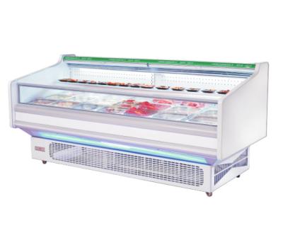 Chine Viande fraîche ouverte de surface plane avec l'étalage de réfrigérateur de viande de boucherie d'affichage de réfrigérateur de viande de supermarché de rideau en nuit à vendre
