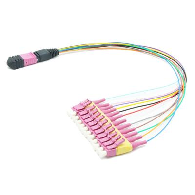 China 0.9mm Fiber Optic Patch Cord OM4 12F MPO Male To LC Fan Out Cable for sale