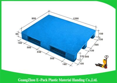 China 1200 * 800mm Blue Plastic Pallets With Three Runners , Plastic Skids Pallets Virgin HDPE for sale