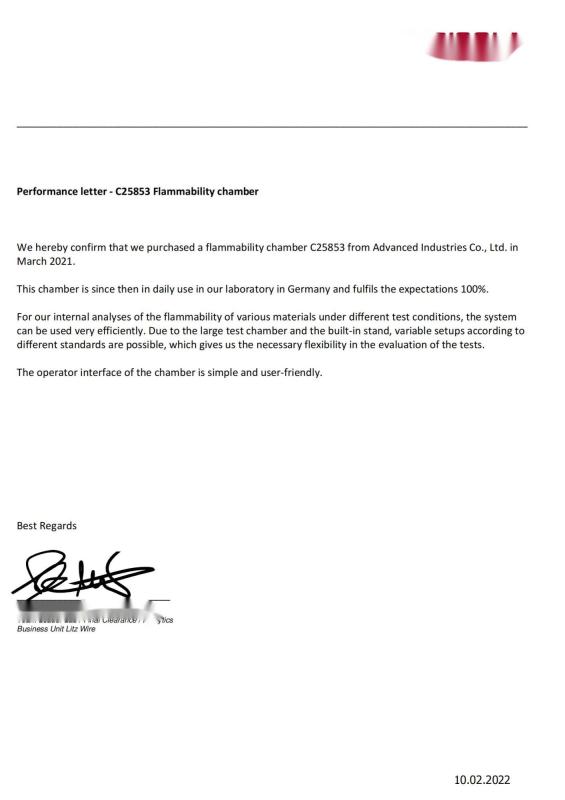 Performance Letter for FAR 25853 Flammability Chamber - Advanced Instruments Co.,Limited