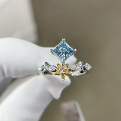 China Fancy Color Lab Grown Synthetic Blue Diamond Princess Cut 1.1ct 18k White Gold Set Fashionable Ring for sale