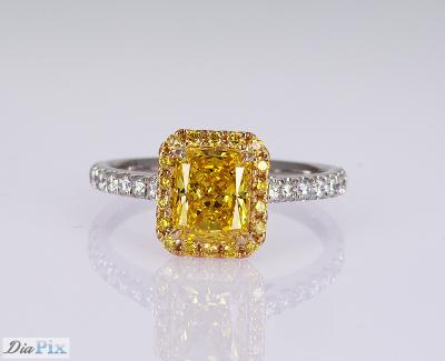 China 1.1ct Radiant Shape Fancy Vivid Yellow Lab Created Diamond Ring 18K Gold Set for sale