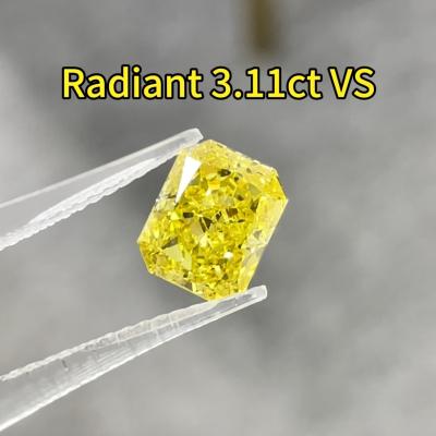 China Excelente corte em forma de radiante amarelo Diamantes cultivados em laboratório 3ct+ VS IGI Certificado em forma de radiante HPHT Diamante sintético à venda