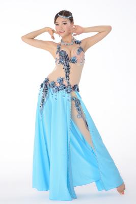 China Egyptian sexy belly dancing costumes blue color with 3D embroidery design for sale