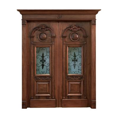 China 50mm Thick PU Painting Double Arched Wood Entry Doors With Glass for sale