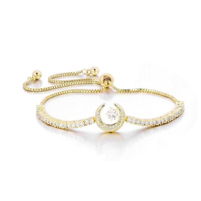 China Moon Star 925 Sterling Silver CZ Bracelet Gold Plated Retractable Pendant for sale