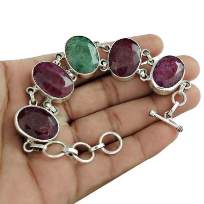 China Emerald And Ruby 925 Sterling Silver Gemstone Bracelets 19.5mm Length for sale