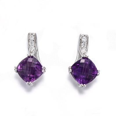 China 2.18g Sterling Silver Gemstone Stud Earrings Cushion White Gold Amethyst Earrings for sale
