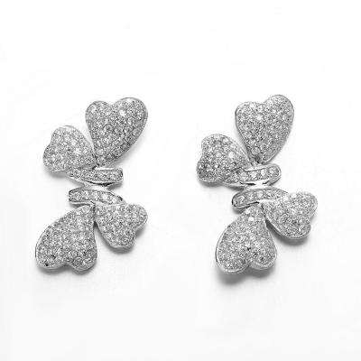 China Bow of Four Hearts 925 Silver CZ Stud Heart Earrings Small Silver Hoop Studs for sale