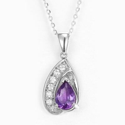 China 8mm 10mm 925 Silver Gemstone Pendant Amethyst Sterling Silver Teardrop Necklace for sale