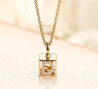 China 0.03ct 18K Yellow Gold Diamond Necklace A-Z Initials 3D Cube for sale