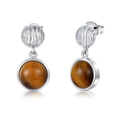 China Round Shaped Tiger Eye Stone Stud Earrings Rhodium Plated 925 Silver for Gift for sale