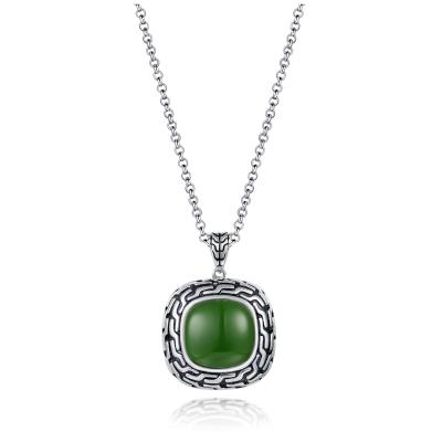 China 9.48g 925 Silver Gemstone Pendant Bead Chain 14x14mm Cushion Green Jade Pendant for sale