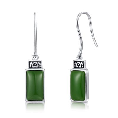 China Cabochon 925 Sterling Silver Gemstone Earrings 7x12mm Rectangle Green Jade for sale