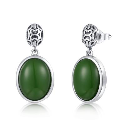 China December Birthstone 925 Sterling Silver Gemstone Earrings 10x13mm Oval Green Jade for sale