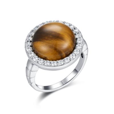 China Wedding 925 Silver Gemstone Rings Round Shape Engagement Tiger'S Eye Rings for sale