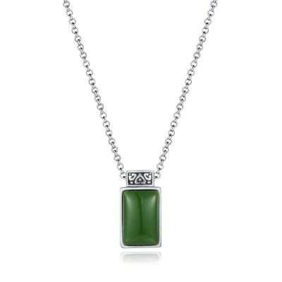 China 2.08g 925 Silver Gemstone Pendant Bead Chain 9x14mm Rectangle Green Jade Pendant for sale