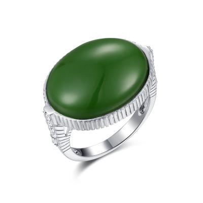 China Sagittarius Birthstone Green Jade Ring Sterling Silver 16x20mm Oval Shape for sale