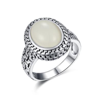 China Healing Stones 925 Silver Gemstone Rings 9x12mm Oval White Jade Carved Ring Band for sale