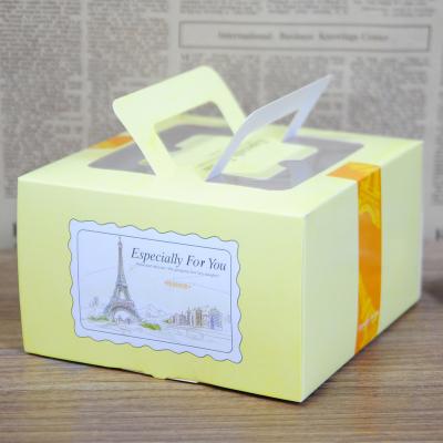 China Caja de papel amarilla que empaqueta para la torta que empaqueta, caja de torta plegable con la manija en venta
