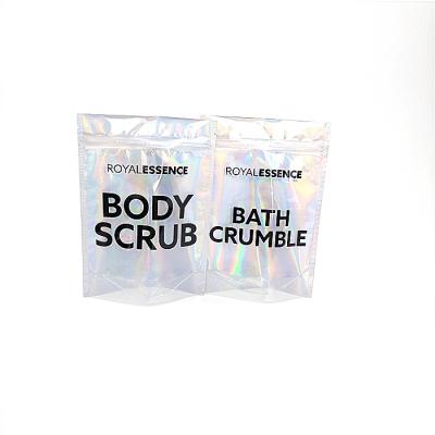 China Glitter Body Scrub Cosmetic Compact Packaging Hologram Foil Transparent Bags for sale