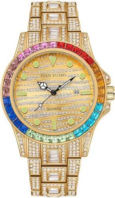 Китай PINTIME мужские бриллиантовые часы из нержавеющей стали полная багуетка выбитая из кожи Бюст вниз Ледяные ювелирные изделия Хип-хоп Мода Бизнес-Ват продается
