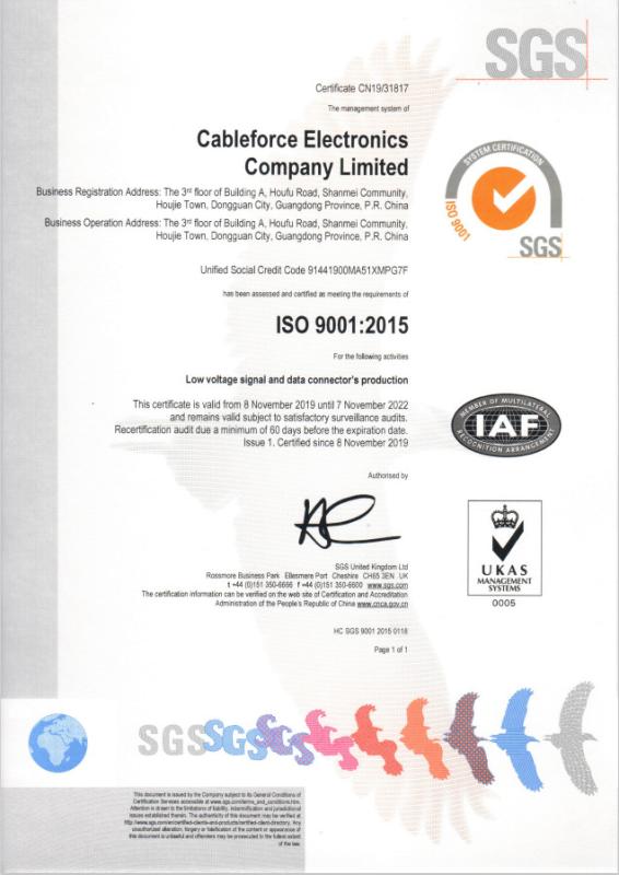 ISO 9001 Certificate by SGS - Dongguan Cableforce Electronics Co., Ltd