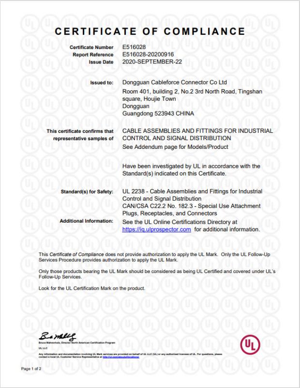 IP67 Certificate of M12 Cables - Dongguan Cableforce Electronics Co., Ltd