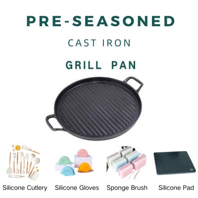 China BBQ Cast Iron Frying Pan Pre Seasoned Round Griddle Pan With Ridge for sale