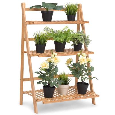 China Wooden Flower Plant Stand Display Shelf Ladder 3-Tier Foldable Organizer Outdoor for sale