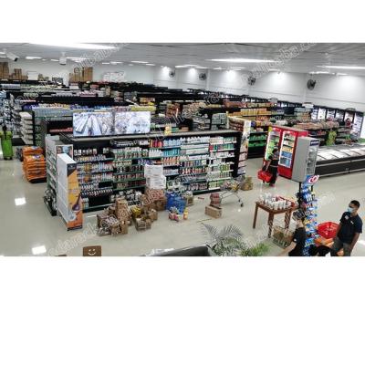China Wood Steel Supermarket Store Fixtures Double Sided Gondola Supermarket Shelving Racks for sale