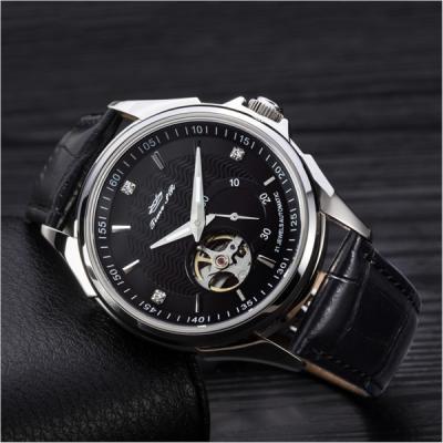 China Waterproof Luxury Tourbillon Mechanical Watch Stainless Steel Case Bottom Leather for sale