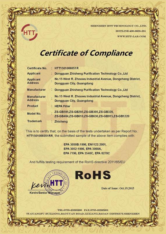 Certificate of Compliance - Zhisheng Purification Technology Co., Limited
