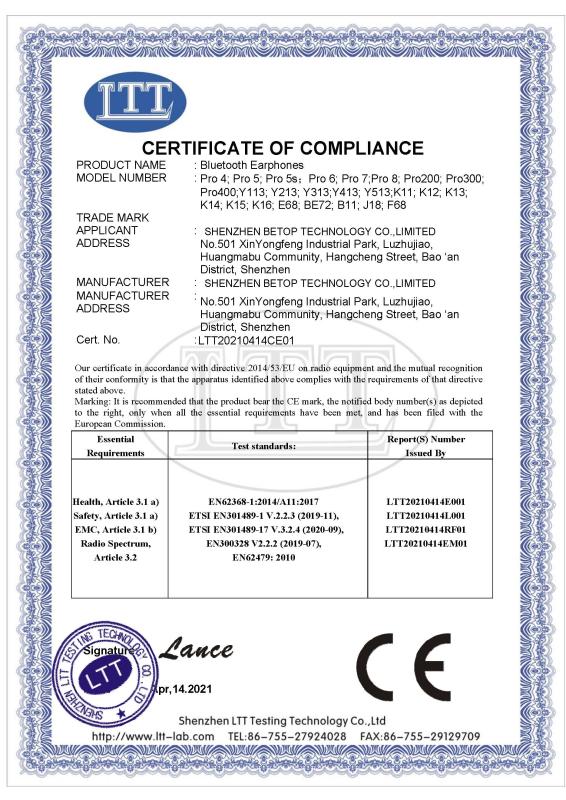 CE - Shenzhen Betop Technology Co., Ltd.