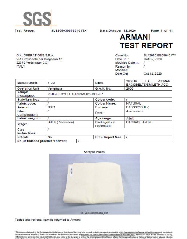 Armani Test Report - DongGuan YiJu Textile Co.,Ltd