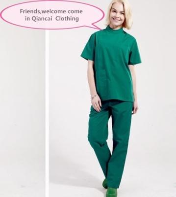 China Stand Collar Scrubs Medical Uniforms , Short Sleeve Cotton Green Surgical Gown for sale