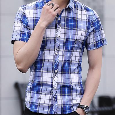China Slim Fit Checkered Pattern Mens Casual Dress Shirts Short Sleeve Fast Drying for sale