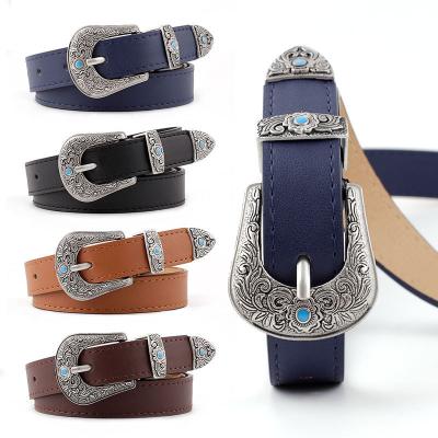 China Metal Engraved Buckle Pu Leather Belts Ladies 107cm Bohemian Style Fashion for sale