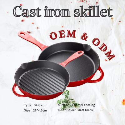 China OEM Round Enameled Coated Cast Iron Skillet Withstand High Temperatures for sale