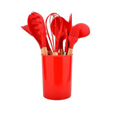 China Food Grade Silicone Kitchen Cookware Accessories Cooking Utensils Set With Natural Handles for sale