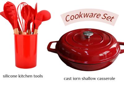 China Red Enamel Cast Iron Shallow Casserole With Silicone Cutlery Sets for sale