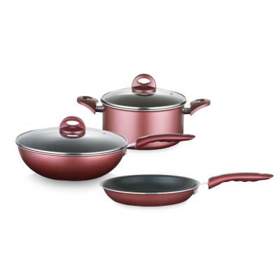 China Multifunctional Burgundy Non-Stick Aluminum Cookware 3-Piece Set for sale