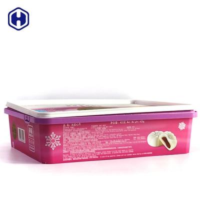 China Torta plástica púrpura de la luna de la caja 450g de los PP IML que empaqueta la etiqueta modificada para requisitos particulares en venta