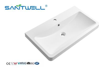 中国 SWTG800大きな需要のさまざまなサイズのCustomzedの受諾可能な石造りの樹脂の洗面器の光沢のある白い半カウンターの洗面器 販売のため