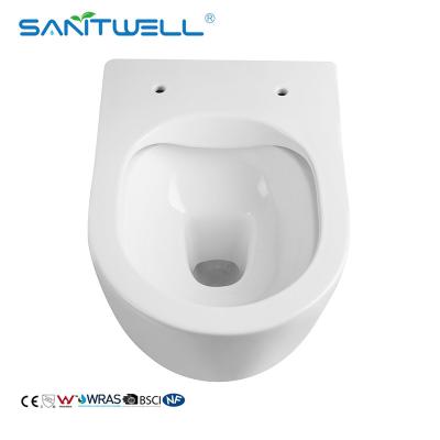 China Gravedad que limpia la pared con un chorro de agua sin rebordes Hung Porcelain Toilet en venta
